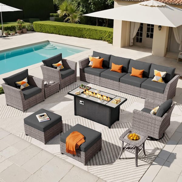 XIZZI Jasmine 12-Piece Wicker Patio Rectangular Fire Pit Set with Black Cushions and Swivel Rocking Chairs