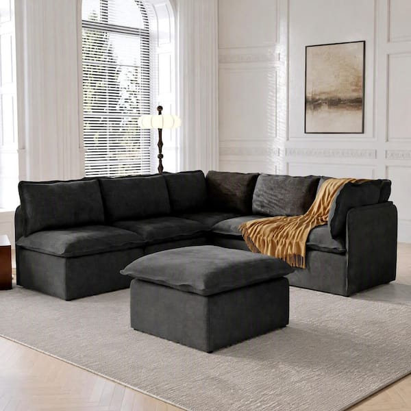 Modular 96 in. Polyester Straight Arm Sofa Couch w/ Removable Cover and Ottoman, Portable for Rentals,Apartment in Black
