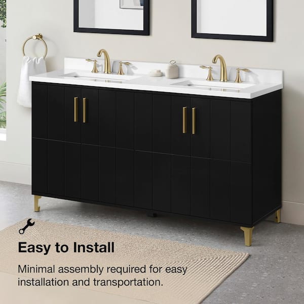 60in Onyx Black And Brass Dual Sink Bathroom Vanity