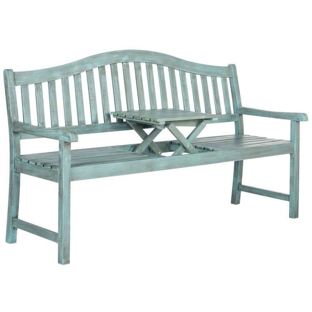 Beach House Blue Acacia Outdoor Bench with Pop-Up Table