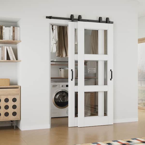 ARK DESIGN 52 in. x 80 in. (Double 30 in. ) 3 Lite Clear Glass White Primed MDF Sliding Barn Door with Hardware Kit Bypass