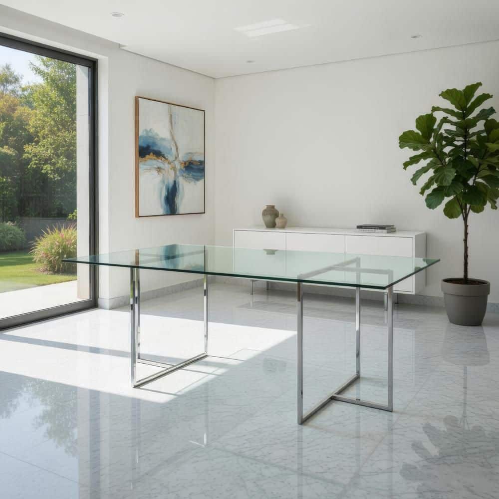 Benjara Nisa Chrome and Clear Glass Rectangle 71 in. Trestle Base