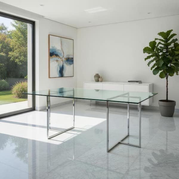 Benjara Nisa Chrome and Clear Glass Rectangle 71 in. Trestle Base