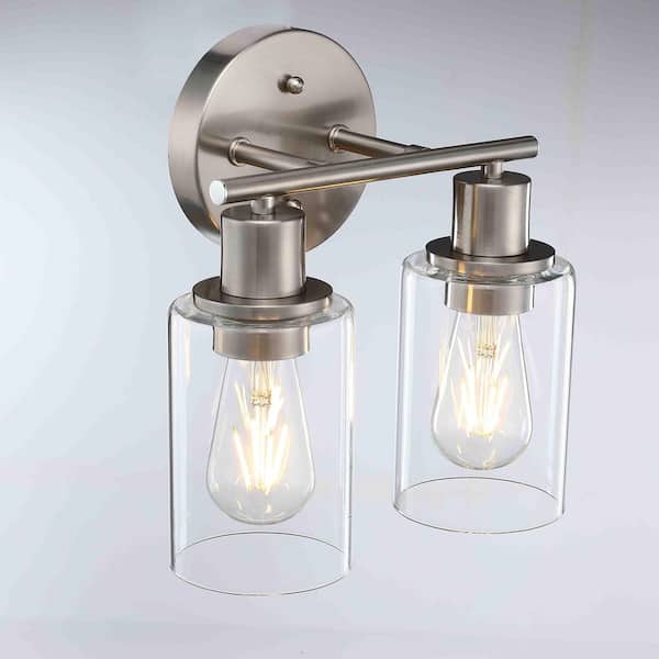 10.45 in. 2-Light Brushed Nickle Bathroom Vanity Light with Cylinder Glass Shade for Mirror, Vanity