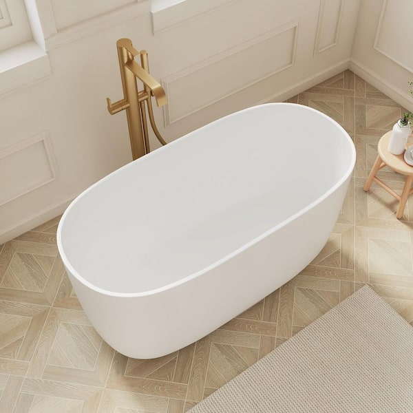 47 in. x 23 in. Solid Surface Stone Resin Flatbottom Freestanding Bathtub Soaking Bathtub in Matte White