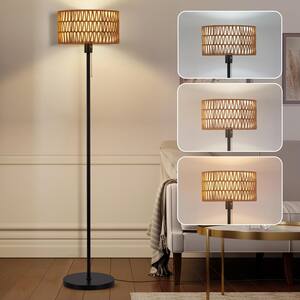 57 in. Black Standard Floor Lamp with Rattan Shade, Bohemian Style