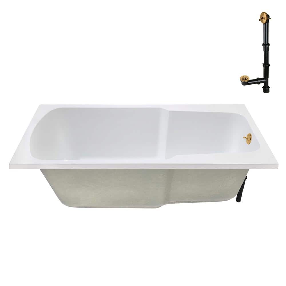 72'' Glossy White Acrylic Soaking Drop-In Bathtub with Brushed Gold Hardware