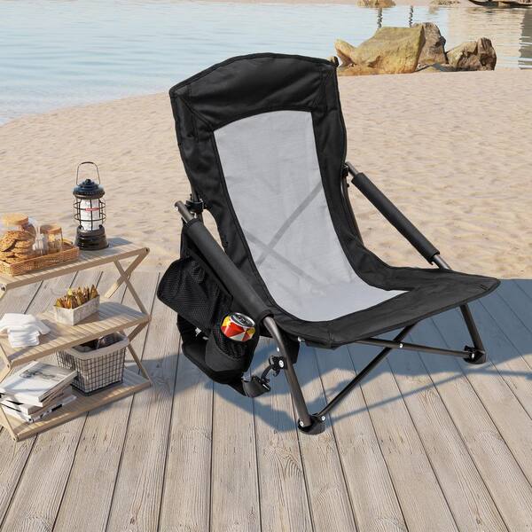 Clihome Outdoor Metal Frame Black Folding Beach Chair with
