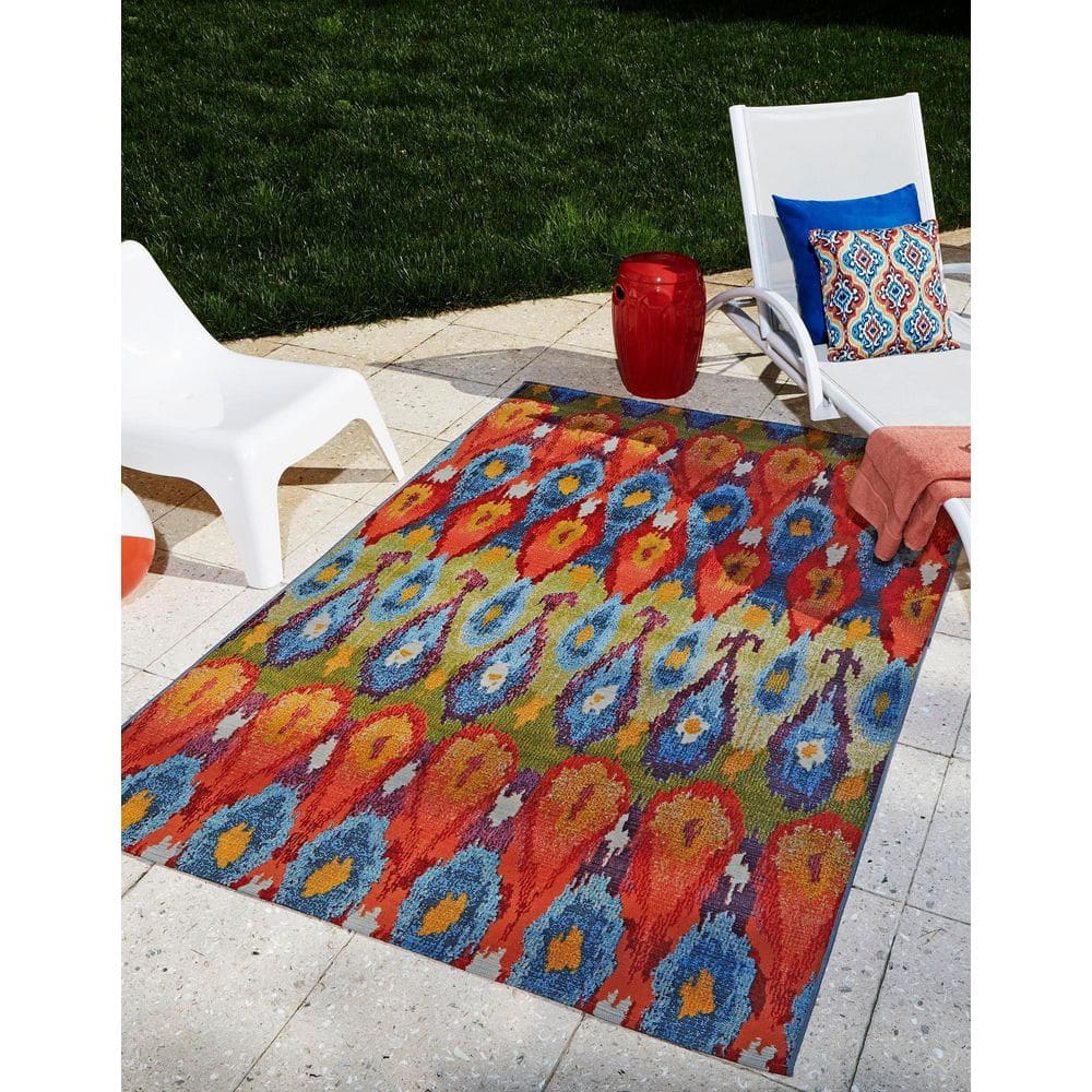 Vibrant Modern Abstract 5'3" x 8' Outdoor Flatweave Rug