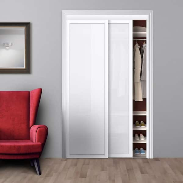 72 in. x 80 in. White Twilight Frosted Glass MDF Wood Sliding Closet Door