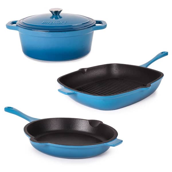 BergHOFF Neo 4-Piece Cast Iron Cookware Set, Grill Pan, Fry Pan and Oval Dutch Oven, Blue