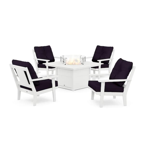 POLYWOOD Prairie 5-Pieces Plastic Patio Fire Pit Deep Seating Set in White with Navy Linen Cushions