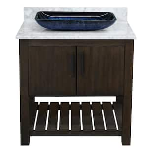 Ocean Breeze 31 in. D x 22 in. W x 31 in. H 1-Blue Black Sink MB Drain Bath Vanity in Cafe w/Carrara White Marble Top