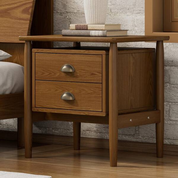 Harper & Bright Designs Mid-Century Walnut 2-Drawer 21.5 in. W Nightstand with Spherical Brass Pulls