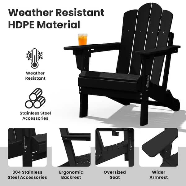 JEAREY 1-Piece HDPE Folding Adjustable Adirondack Chair in Black