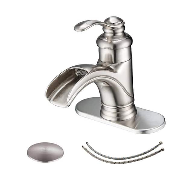 Unbranded Single Handle Single Hole Bathroom Faucet with Drain Assembly Waterfall Brass Bathroom Sink Faucets in Brushed Nickel