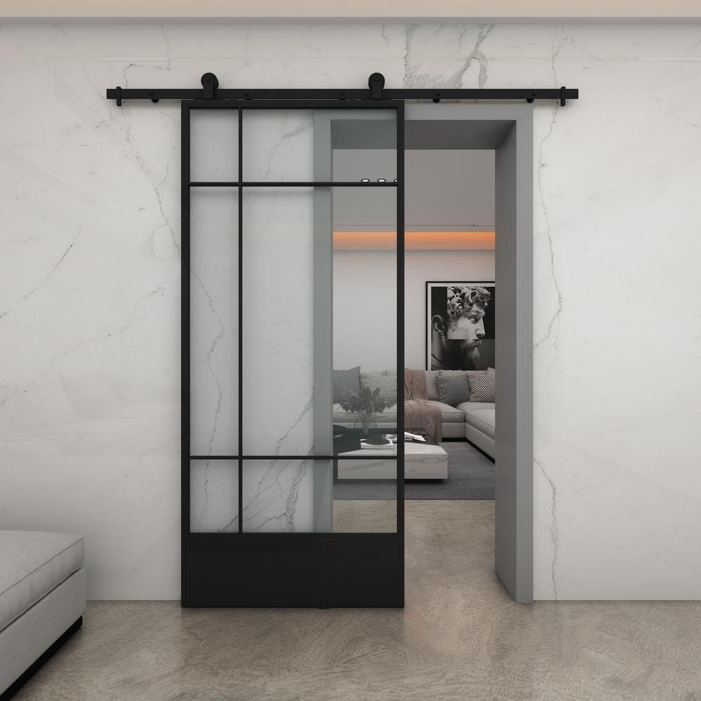 Bastille 37'' x 84'' Clear Glass Black Metal Sliding Barn Door