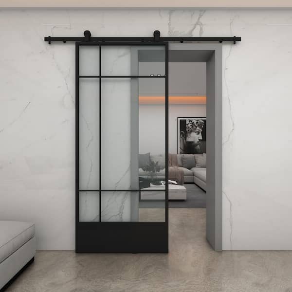Bastille 37 in. x 84 in. 3/4 Lite Clear Glass Black Metal Finish Sliding Barn Door with Hardware Kit