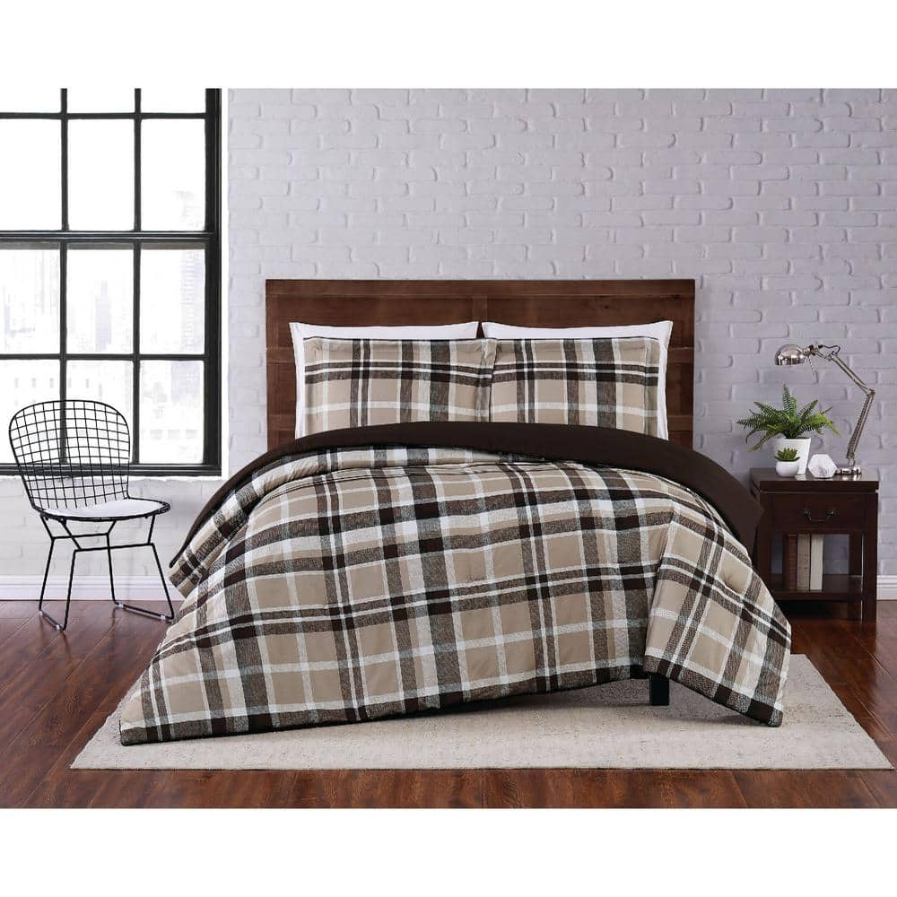 Truly Soft Paulette Plaid 3-Piece Taupe King Comforter Set