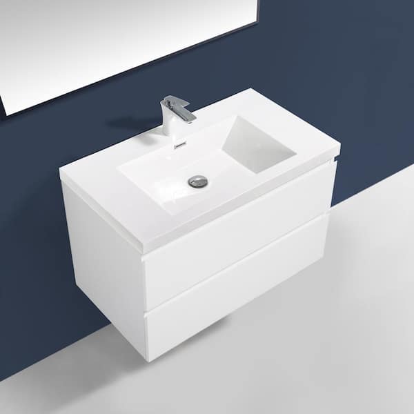 30 in. W x 19 in. D x 20 in. H Wall-Mounted Bath Vanity in High Glossy White with White Glossy Resin Top