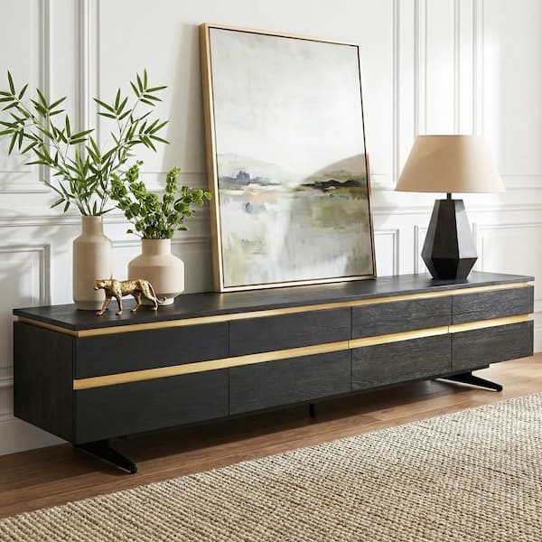 86.61 in. Modern Black TV Stand for 90 in. TV Media Console Entertainment Center with Drawers Gold Accents