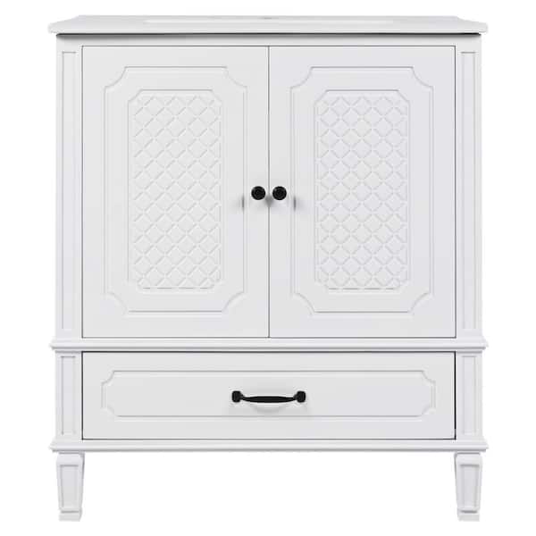 Sylvan 30 in. Modern Bathroom White Bath Vanity with White Ceramic Top Sink, Drawer, Shelf, Cabinet, Acacia Wood, MDF