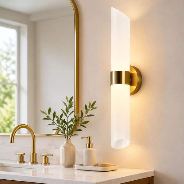 21.3 in. H 1-Light Mid-Century Modern Brass Gold Dry-Rated Wall Sconce Integrated LED Light with Frosted Glass Shades
