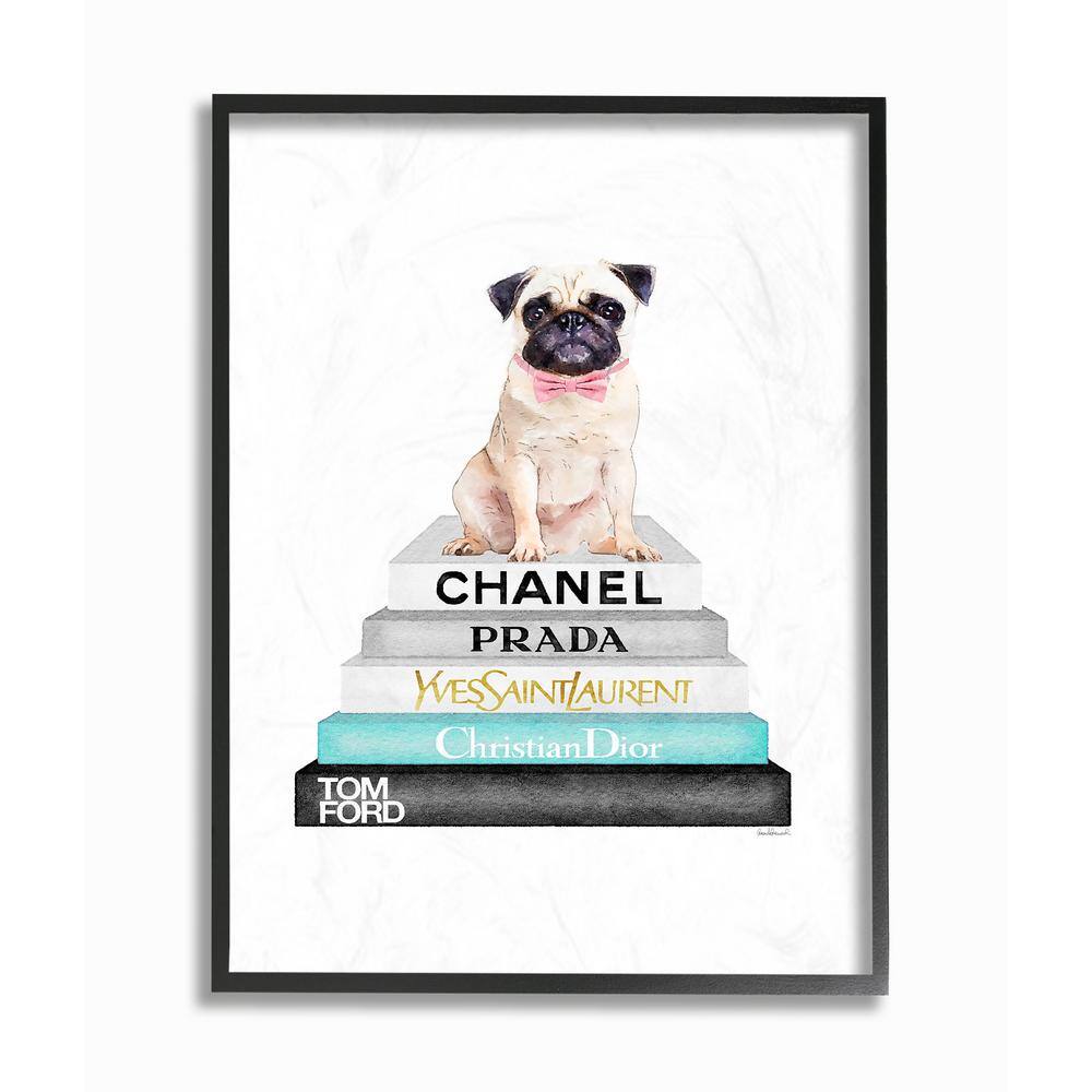 "16 in. x 20 in. ""Grey Teal and Black Fashion Bookstack with Pug"" by Amanda Greenwood Framed Wall Art" price history on PriceWatchPro