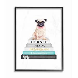 16 in. x 20 in. "Grey Teal and Black Fashion Bookstack with Pug" by Amanda Greenwood Framed Wall Art