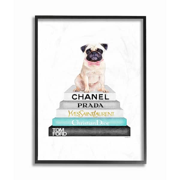 16 in. x 20 in. "Grey Teal and Black Fashion Bookstack with Pug" by Amanda Greenwood Framed Wall Art