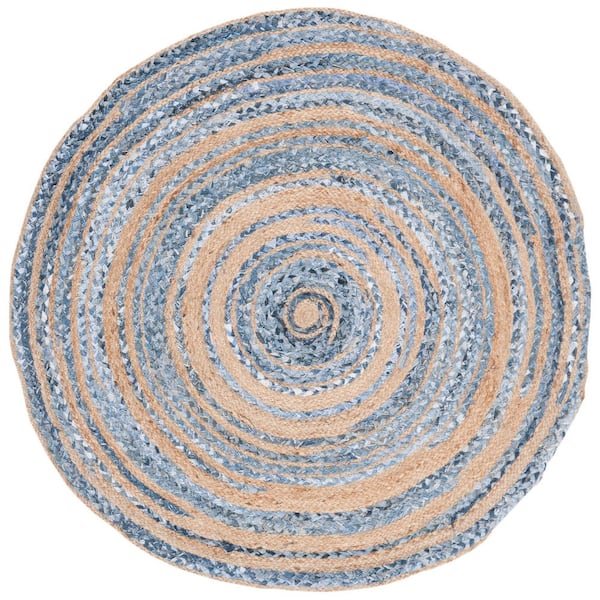 SAFAVIEH Cape Cod Blue/Natural 4 ft. x 4 ft. Round Distressed Striped Area Rug