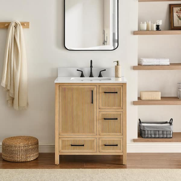 Lawford 30 in. Single Sink Freestanding Fluted Baltic Birch Bath Vanity with Carrara White Engineer Stone Top