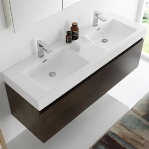 Mezzo 59 in. Vanity in Gray Oak with Acrylic Vanity Top in White with White Basins and Mirrored Medicine Cabinet