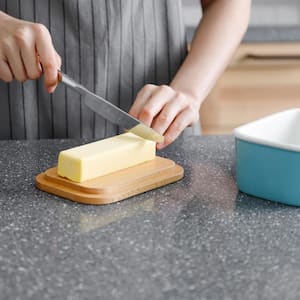 Large Butter Dish with Beech Wooden Lid - Turquoise, Set of 1