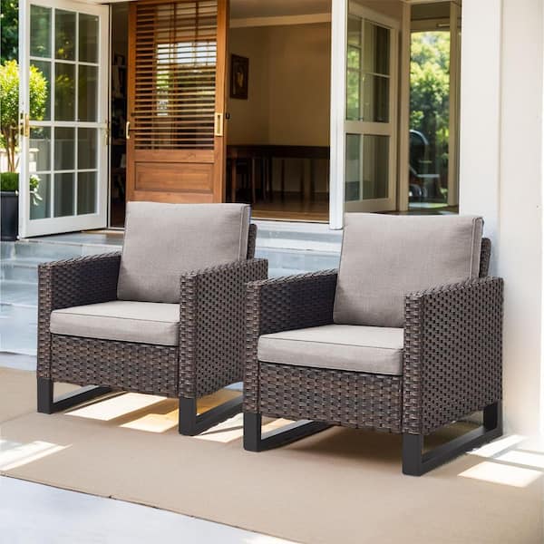 Gymojoy Valenta Brown Wicker Outdoor Lounge Chair with Gray Cushions (Set Of 2)