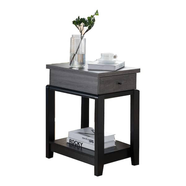 Benjara 20 in. Distressed Gray And Black Rectangle Wooden Chairside Table with Bottom Shelf