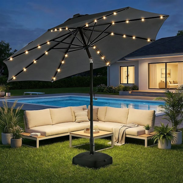 lohasco 10 ft. Solar LED Lighted Market Patio Umbrella with Base in Dark Gray
