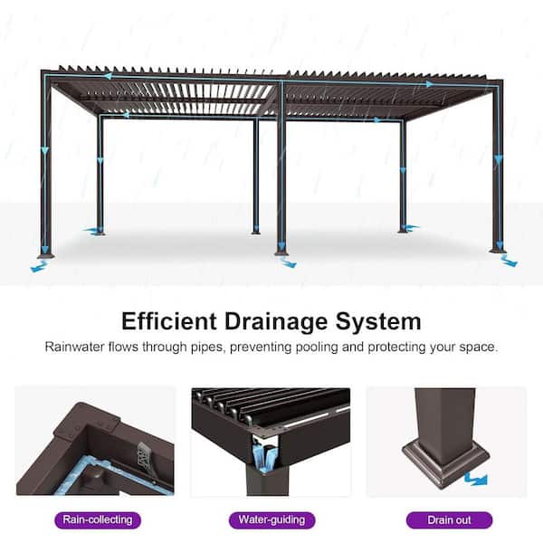 13.1 ft. x 24.9 ft. Bronze Aluminum Outdoor Louvered Pergola with 4-Individual Adjustable Roofs and In-Built Gutter
