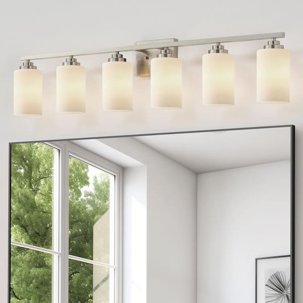 KAWOTI 43.2 in. 6-Light Brushed Nickel Vanity Light with Frosted Glass Shade