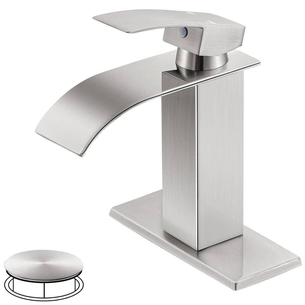 Waterfall Spout 1-Handle Low Arc 1-Hole Bathroom Faucet with Deckplate and 