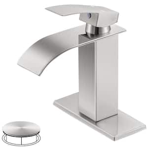 Waterfall Spout 1-Handle Low Arc 1-Hole Bathroom Faucet with Deckplate and Pop-up Drain in Brushed Nickel