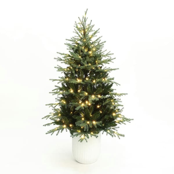 6 ft. PreLit Spruce Artificial Christmas Tree in White Pot, Hinged Branches & Warm Lights
