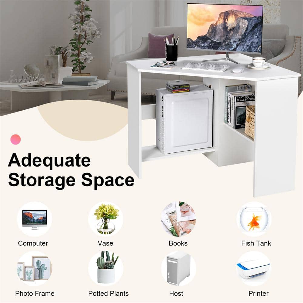 White Wood Corner Computer Desk with Storage Shelves