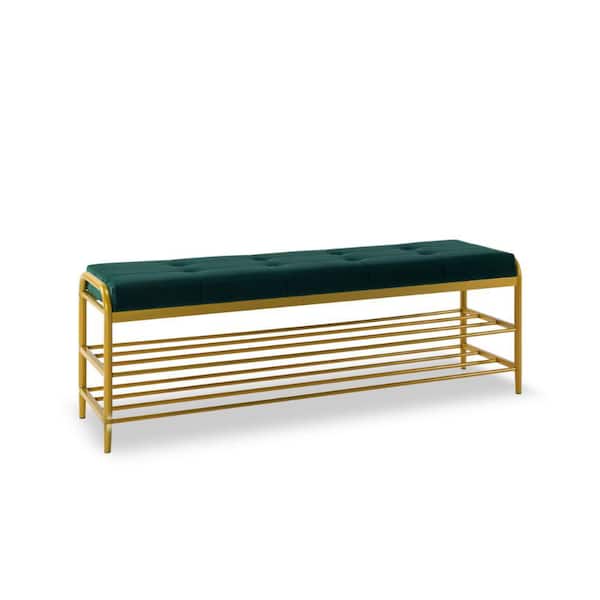 Benjara 17.7 in. H x 13.8 in. W Green Velvet Metal Shoe Storage Bench with 2-Shelves
