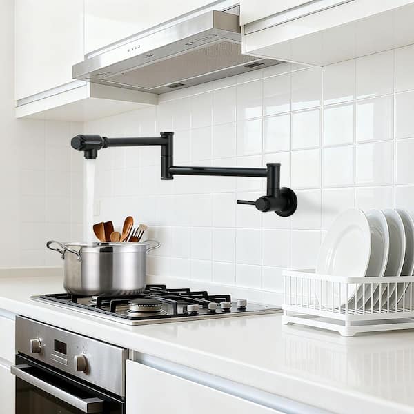 Contemporary Wall-Mounted Brass Double-Handle Faucet with Double Joint Swing Arms in Matte Black