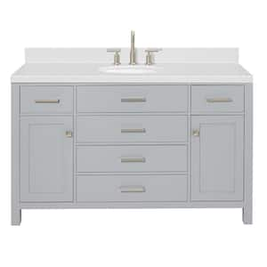 Bristol 54.25 in. W x 22 in. D x 36 in. H Single Sink Freestanding Bath Vanity in Grey with Carrara White Quartz Top