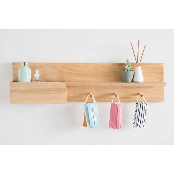 Kate and Laurel Alta Modern Wall Shelf with Hooks, 36 x 5 x 5, Walnut  Brown, Decorative Entryway Shelf with 5 Hanging Hooks