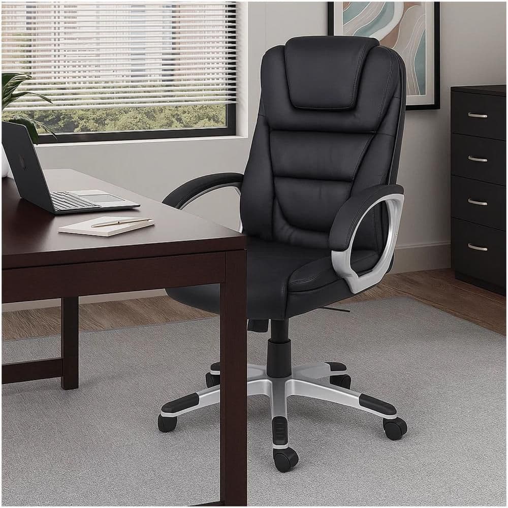 Ziko Faux Leather Swivel Office Executive Chair in Black and Silver with Arms
