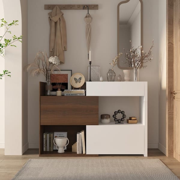FUFU&GAGA White and Brown Wooden Grain 40.5 in. H Extendable Wood Storage Cabinet with 1 Drawer, 3 Open Shelf and 4 Shelf in Door