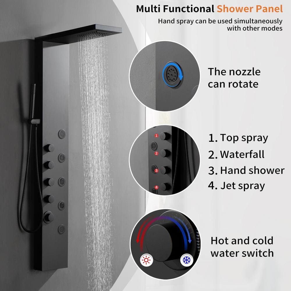 Matte Black 52'' Shower Panel System with Rainfall and Waterfall Shower Head